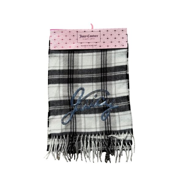 Juicy Couture Womens Black & White Plaid Scarf With Fringe & Glitter Logo - Picture 1 of 3